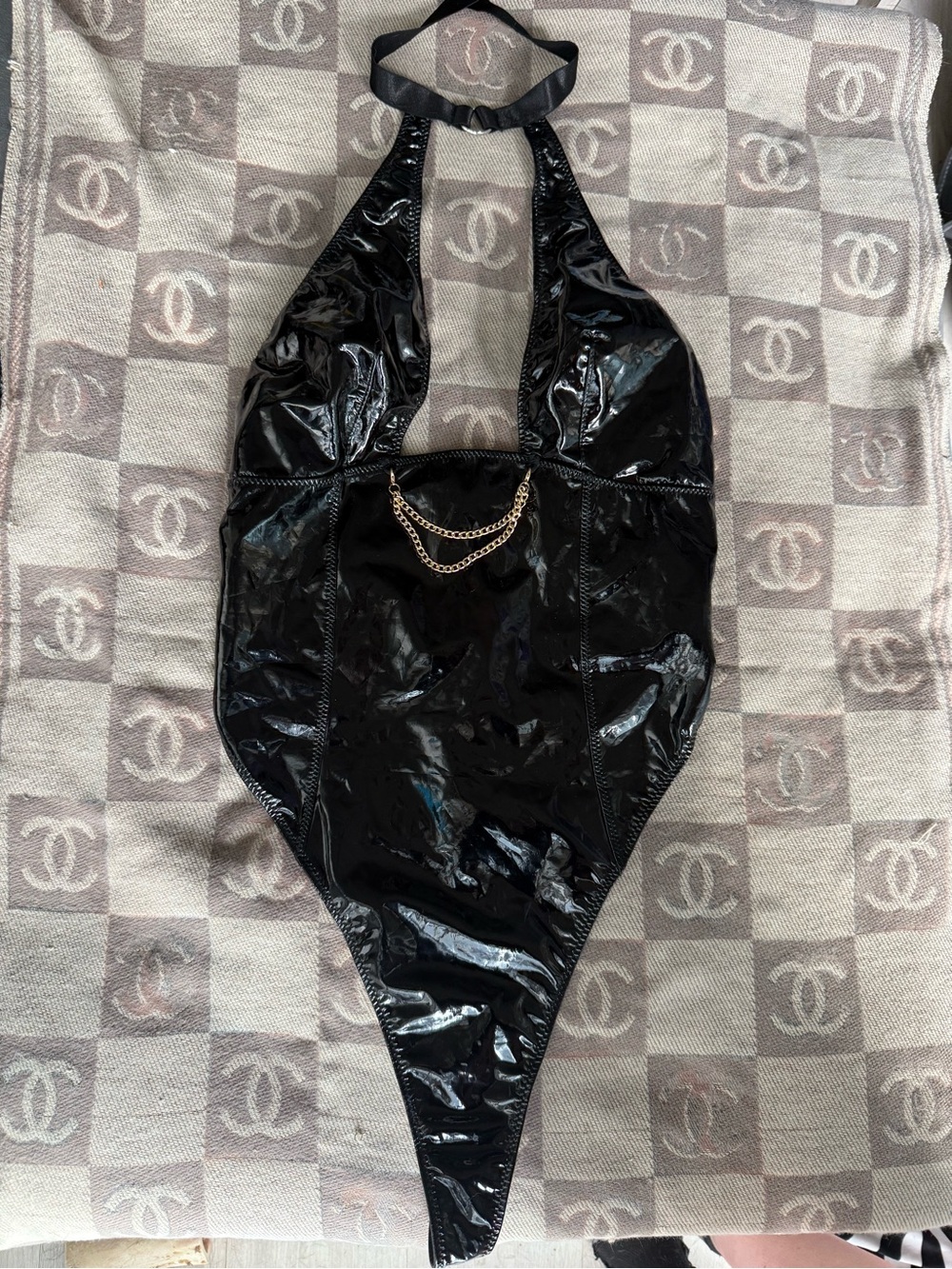 Y2K Black Patent PVC Vinyl Halter Bodysuit Gold Chain Detail
